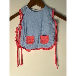 The Oaks Apparel Co. Pinafore Top 18M Blue Pink Ruffle Side Tie Cotton Linen